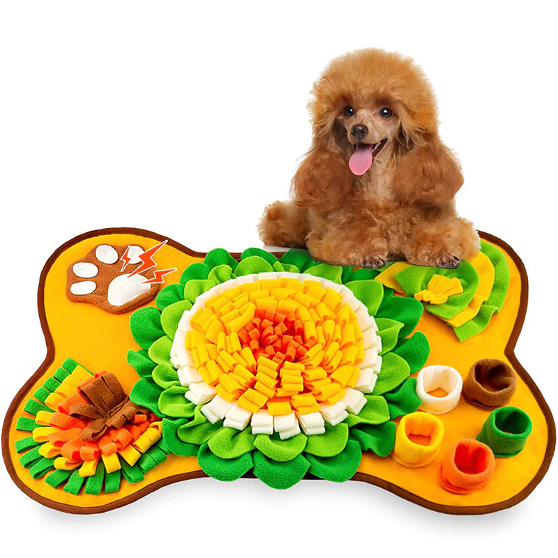 Poodle with Brighty Harmony sensory calming mat - paw-shaped snuffle mat with flower design