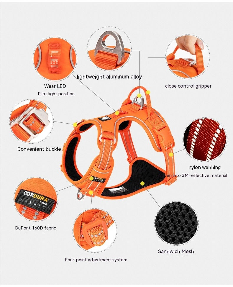 TrueLove Reflective Harness Features - Aluminum Buckle, LED Light Position, Control Handle