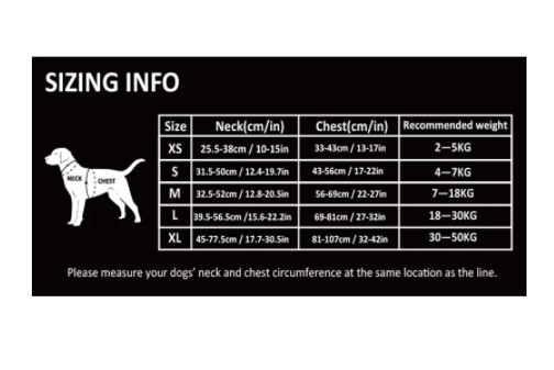 TrueLove Urban Air dog harness sizing chart – neck and chest measurements XS to XL