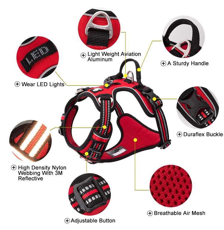 TrueLove Urban Air dog harness features – LED light slot, aviation aluminum D-ring, sturdy handle, Duraflex buckle, 3M reflective nylon webbing, breathable air mesh, adjustable button