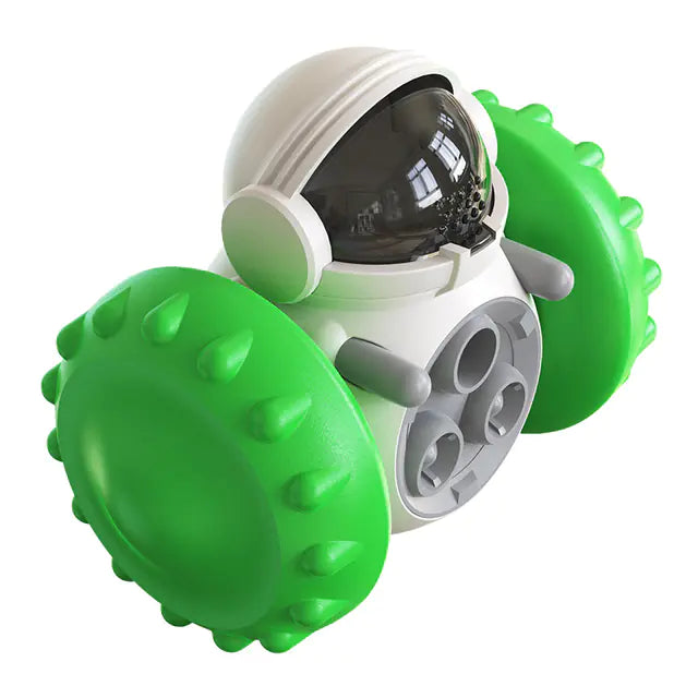 Brighty Rover treat dispenser ball in green with textured wheels for slow feeding