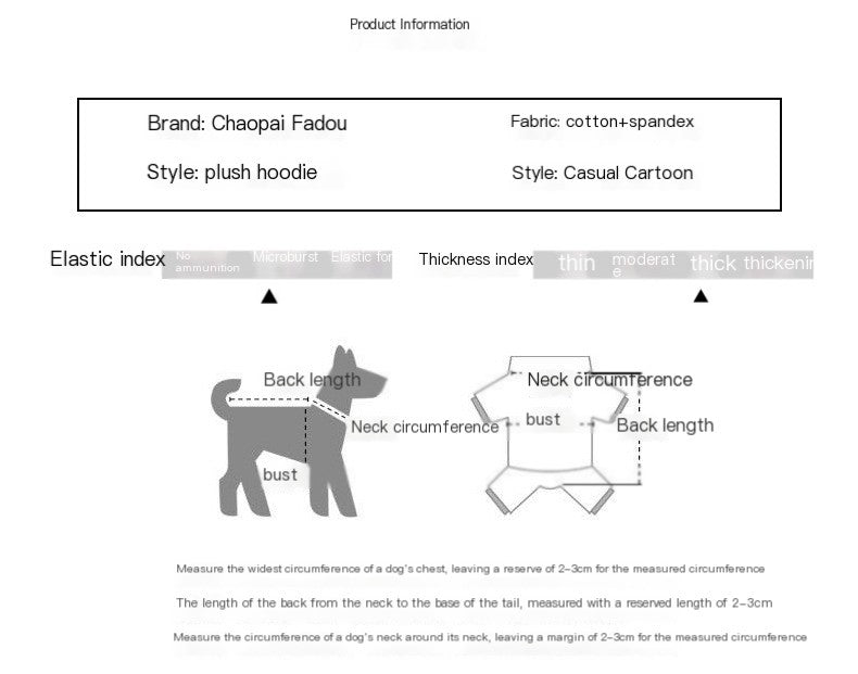 Brighty DinoWarm dog hoodie product information - cotton spandex fabric, sizing guide and measurement instructions