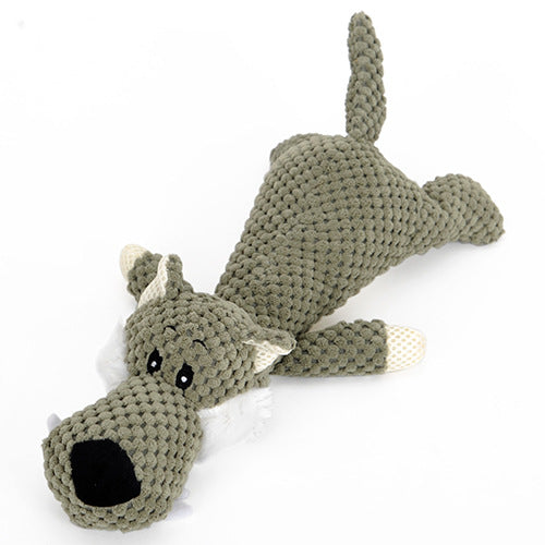 Brighty Wild wolf squeaky plush dog toy – grey corduroy stuffed animal for dogs