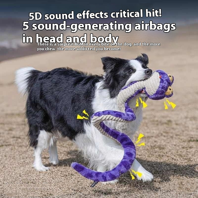 Border Collie playing with Brighty Boa XL purple squeaky snake dog toy – 5 sound airbags