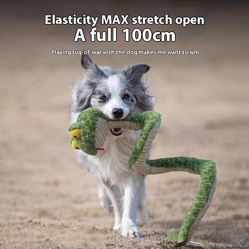Dog running with Brighty Boa XL green giant snake plush toy – 100 cm stretch