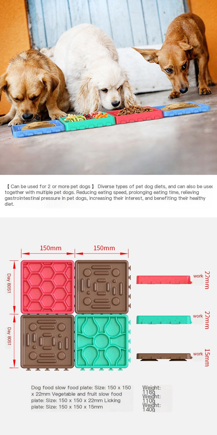 Three dogs using Brighty Calm lick mats - 150x150mm silicone slow feeder with dimensions
