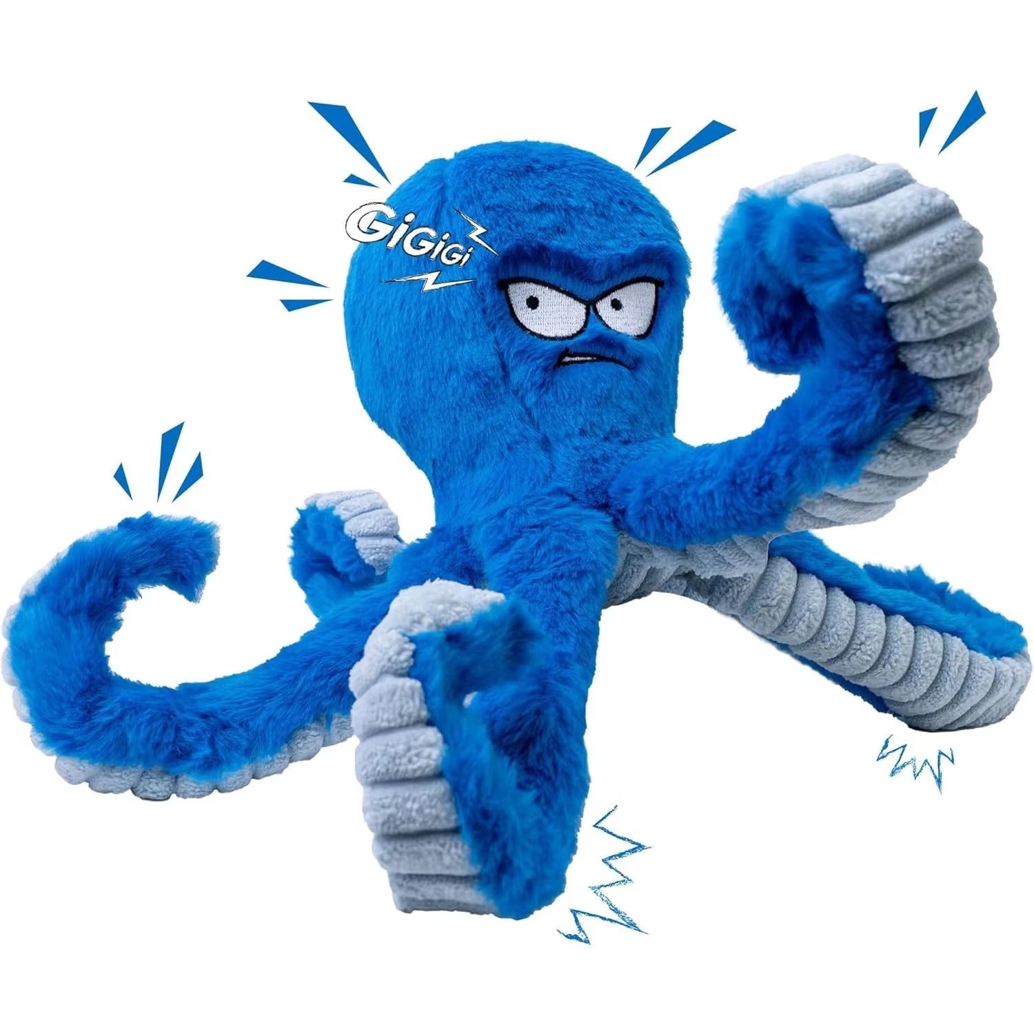 Blue octopus dog toy with rope tentacles and squeaker - interactive play