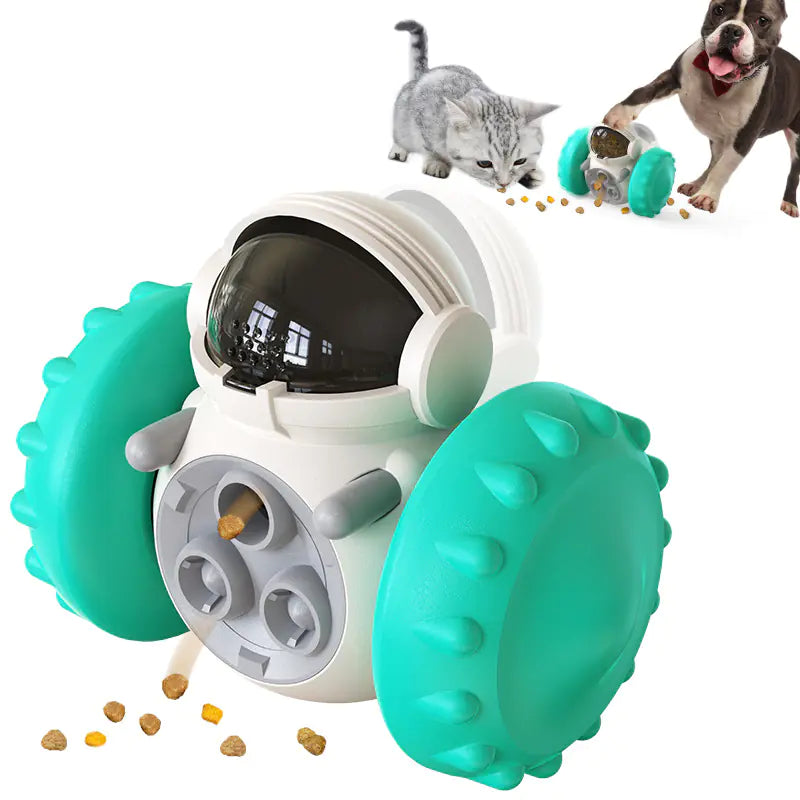 Brighty Rover interactive treat dispenser ball with turquoise wheels and dog cat playing
