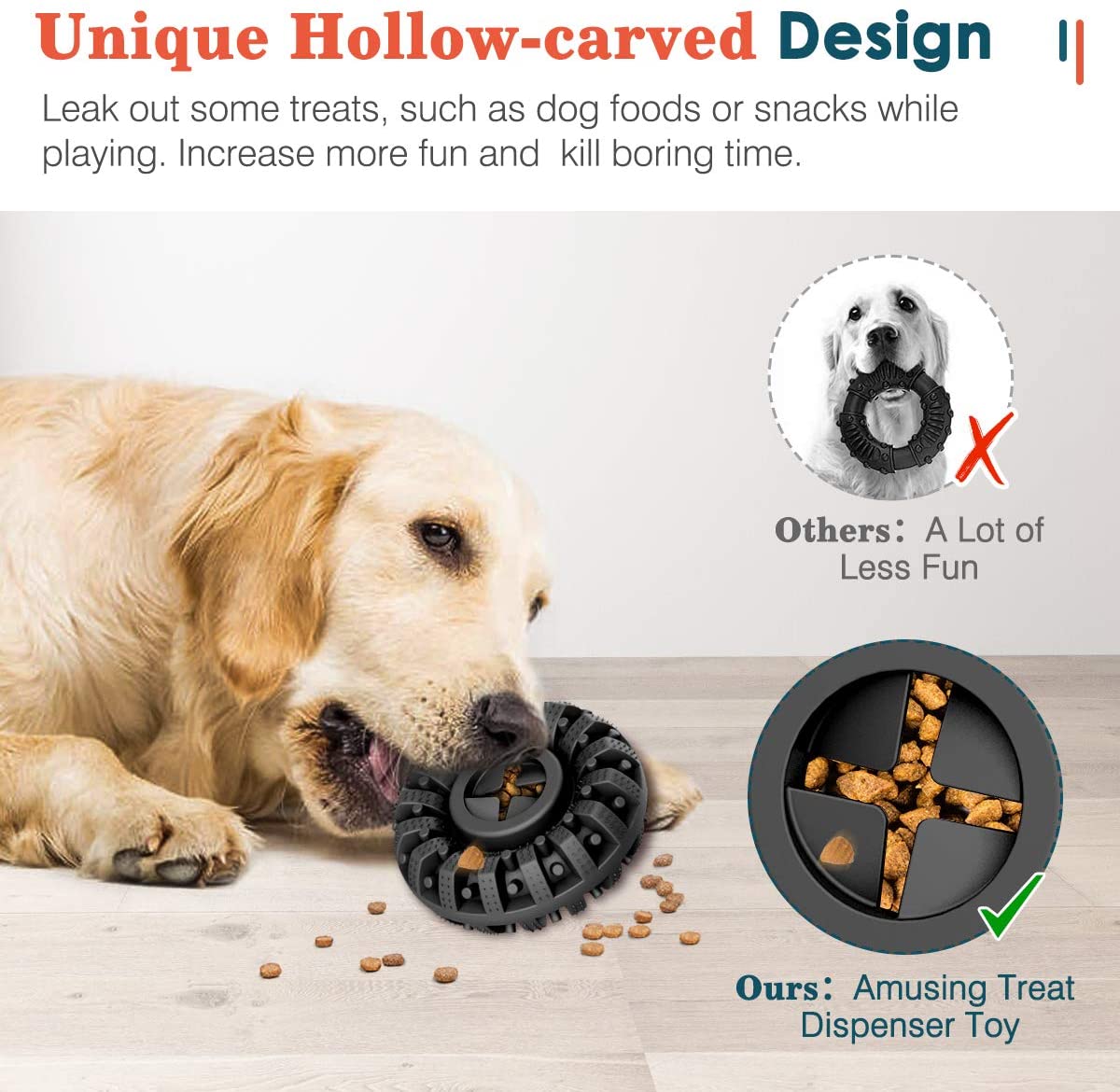 Golden retriever with Brighty ChewWheel treat dispenser - hollow-carved design leaks treats while playing