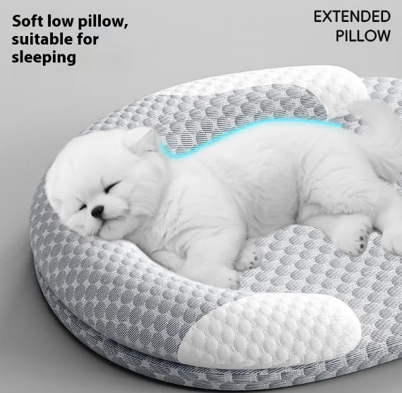 White dog sleeping comfortably on Brighty Fresh Mat cooling bed with soft extended pillow