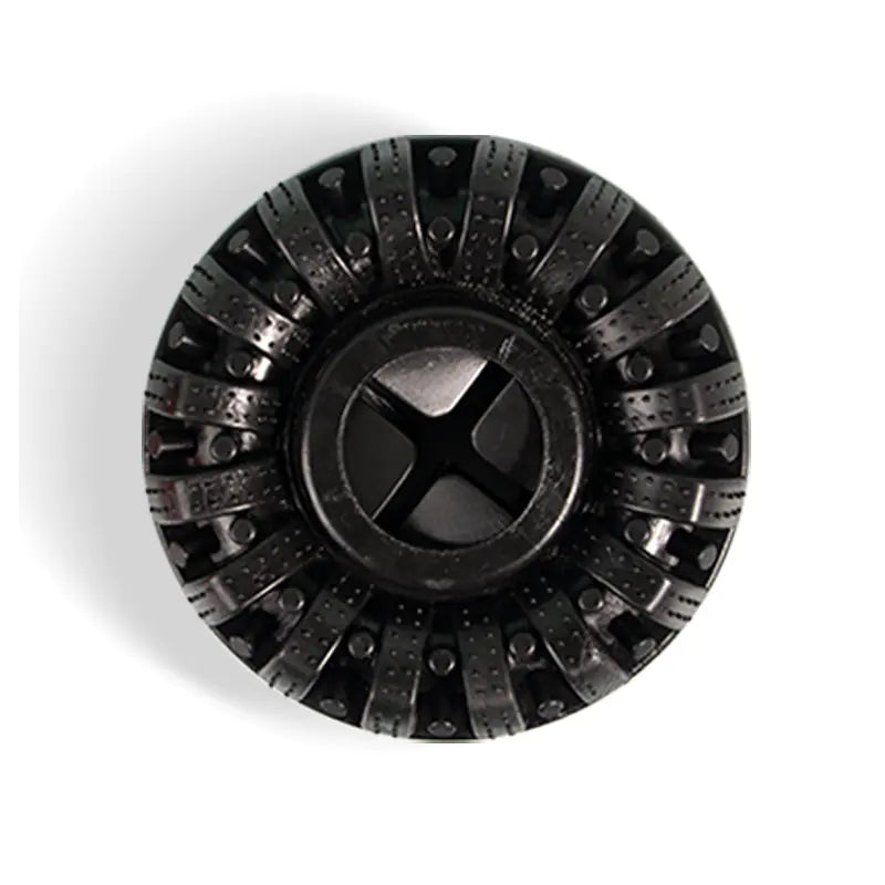 Top view of Brighty ChewWheel in black with textured spokes and treat compartments