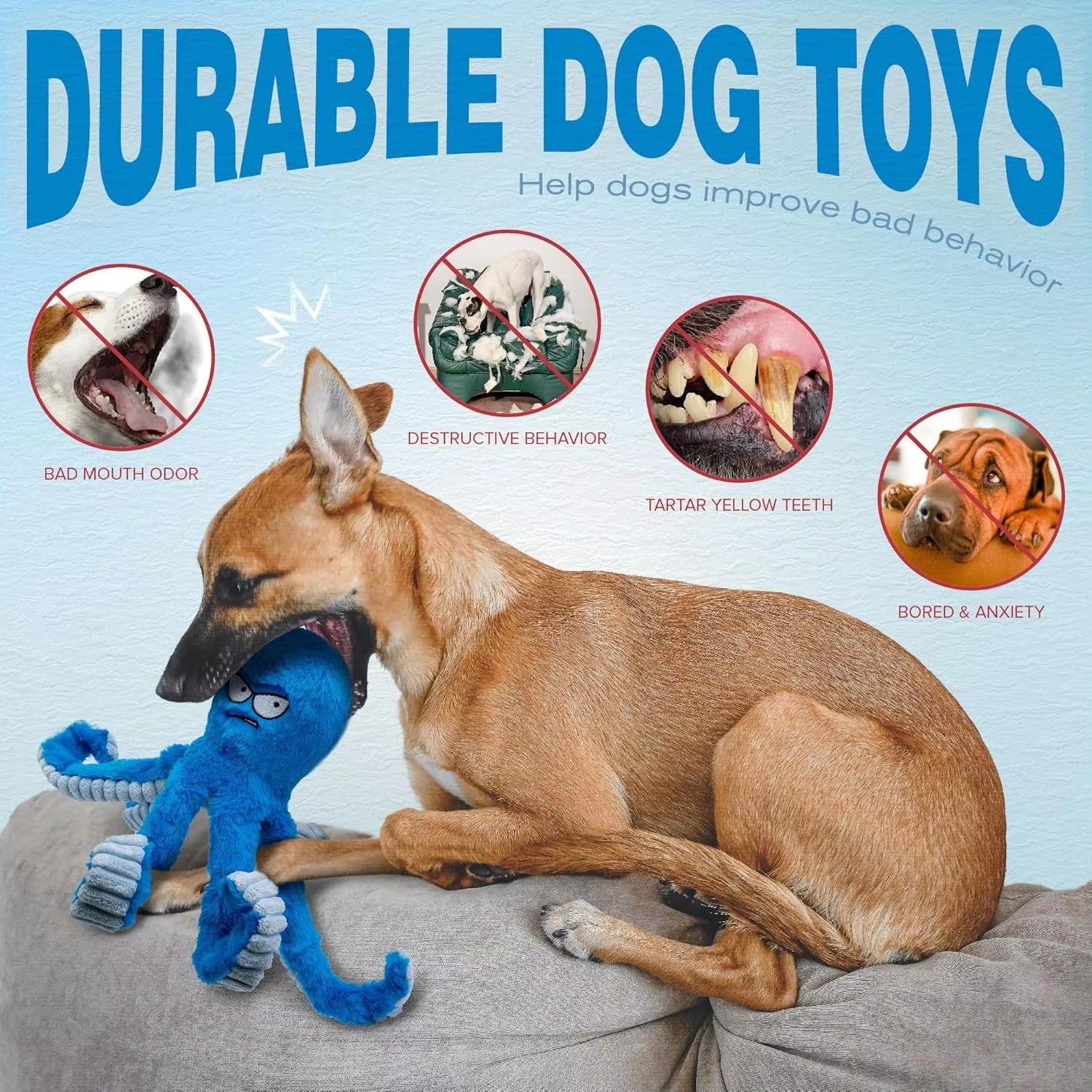 Dog playing with blue octopus tug toy - reduces boredom and anxiety