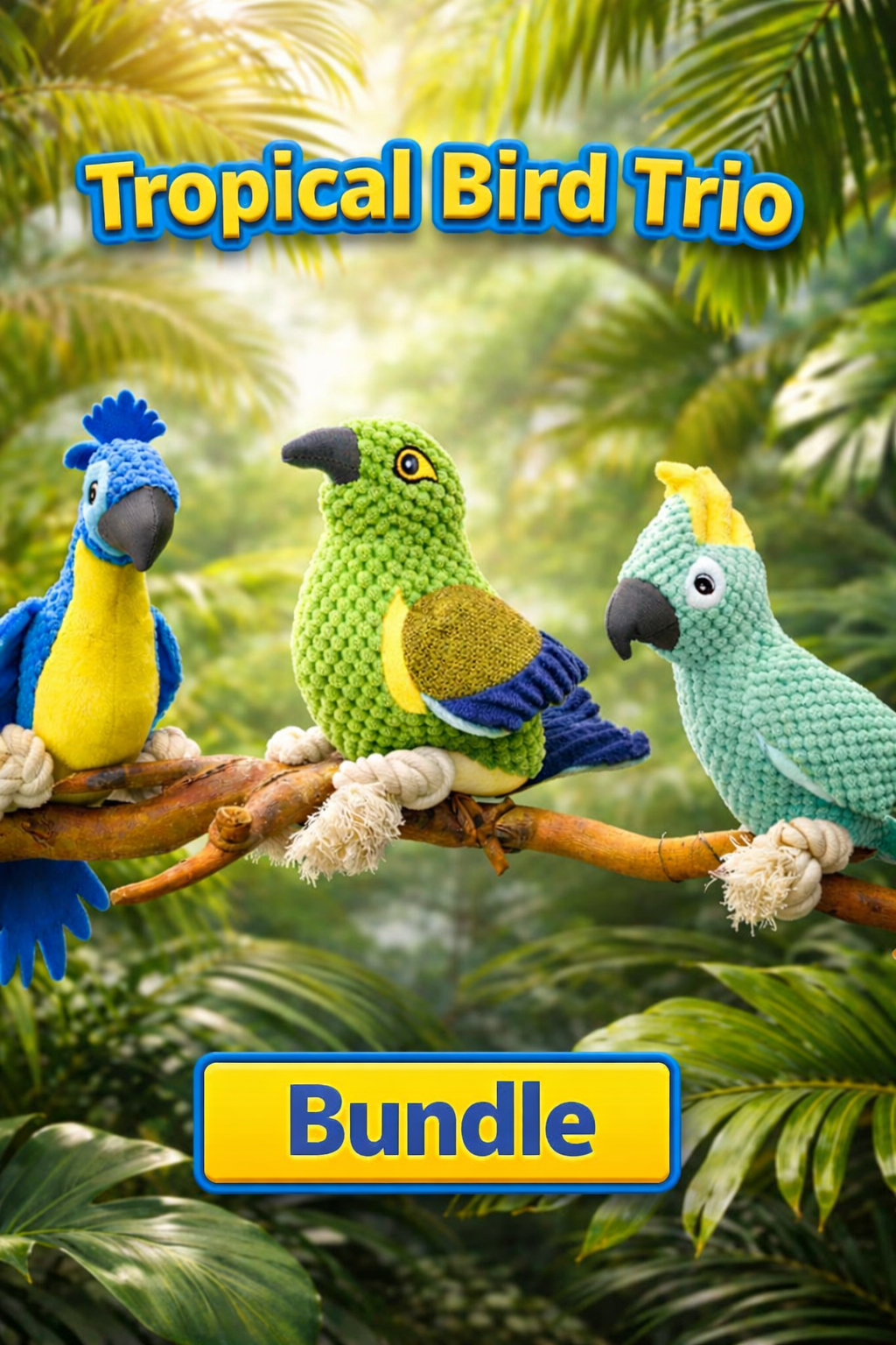 Brighty TropicalBird Trio - 3-pack interactive plush parrot dog toys - blue macaw, green amazon and teal cockatoo on jungle branch