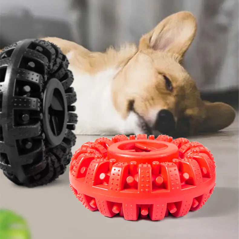 Dog with Brighty ChewWheel in red and black - tire-shaped dental chew toy comparison