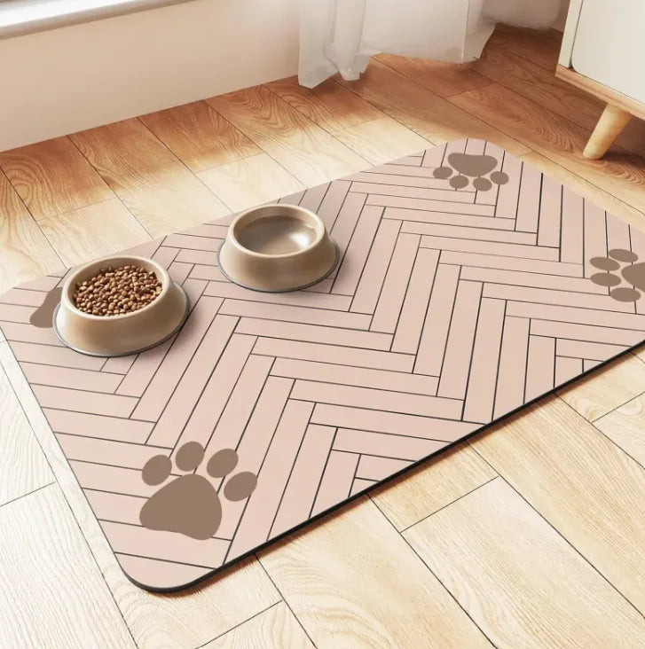 Brighty Clean diatomaceous earth feeding mat in beige with paw prints - fast drying pet bowl mat