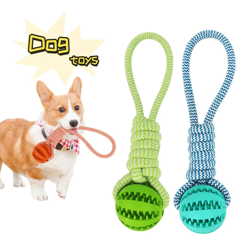 Brighty TugBall rope ball toy in green and blue with corgi dog - interactive treat dispenser