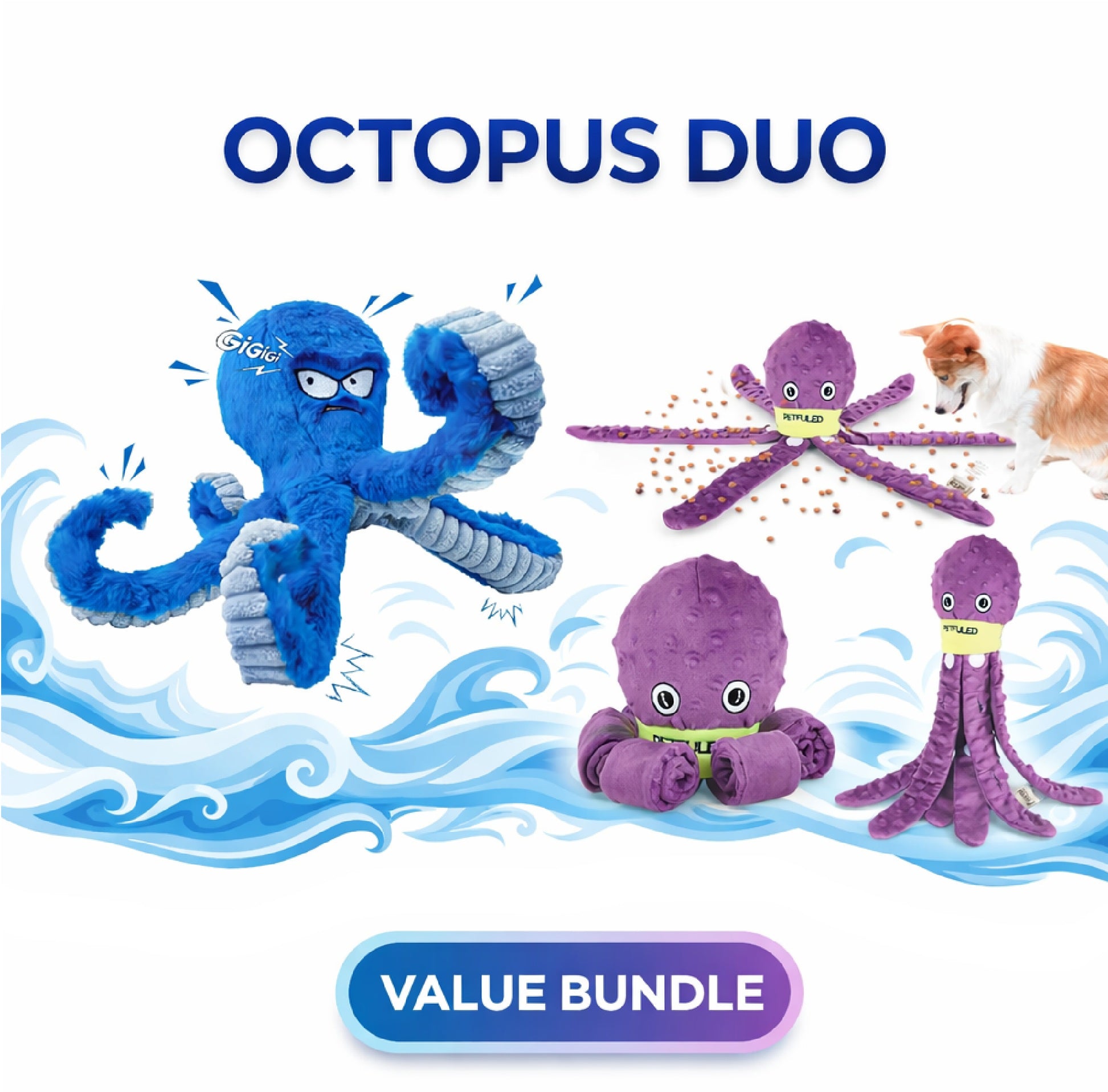 Brighty Octopus Duo bundle - Blue Kraken tug toy and purple Snuffle Octopus interactive dog toys with treat pockets - Value bundle for mental stimulation and active play