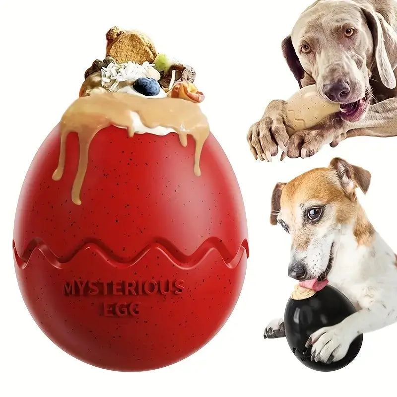 Brighty Egg treat dispenser in red with dogs - wobble toy filled with treats and peanut butter