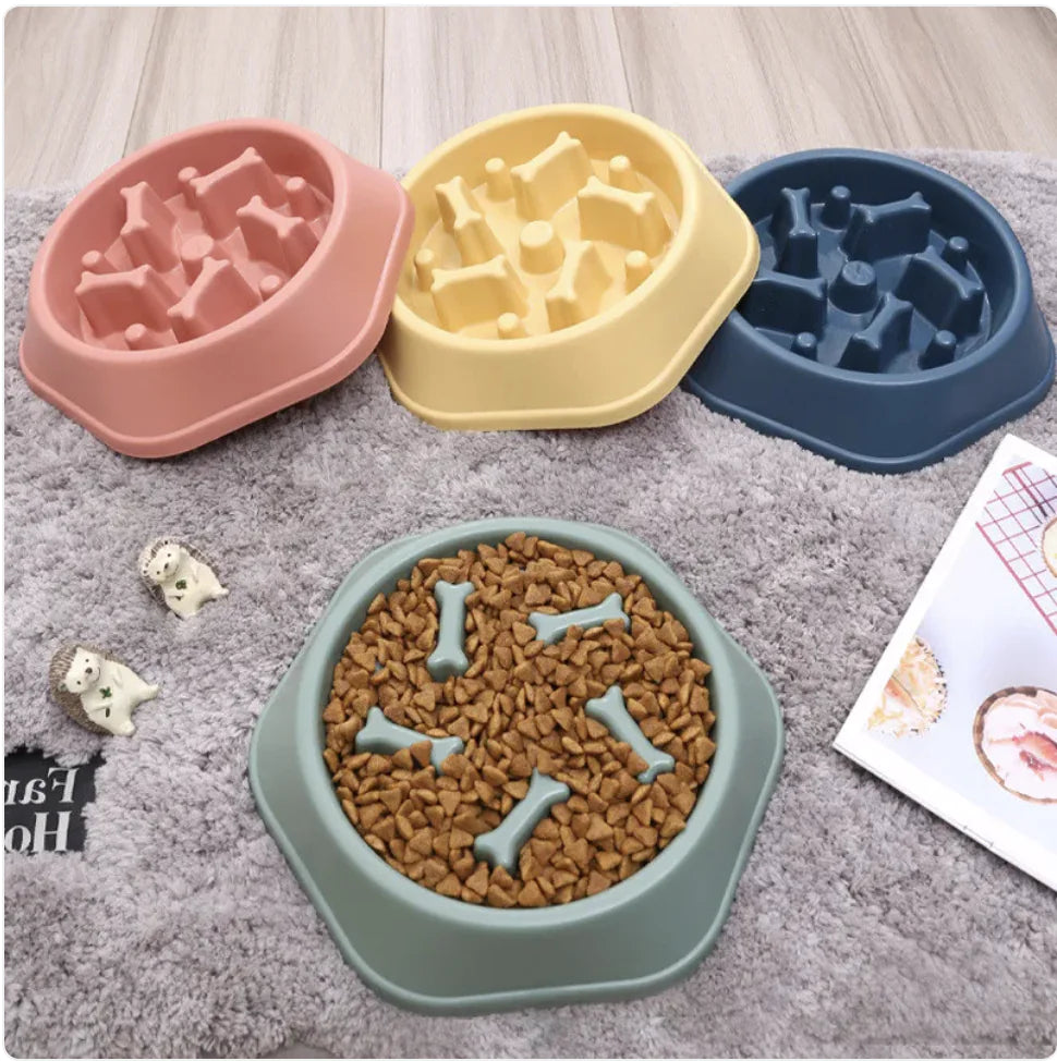 Brighty MazeBowl slow feeder bowls in pink yellow blue and green with bone maze obstacles