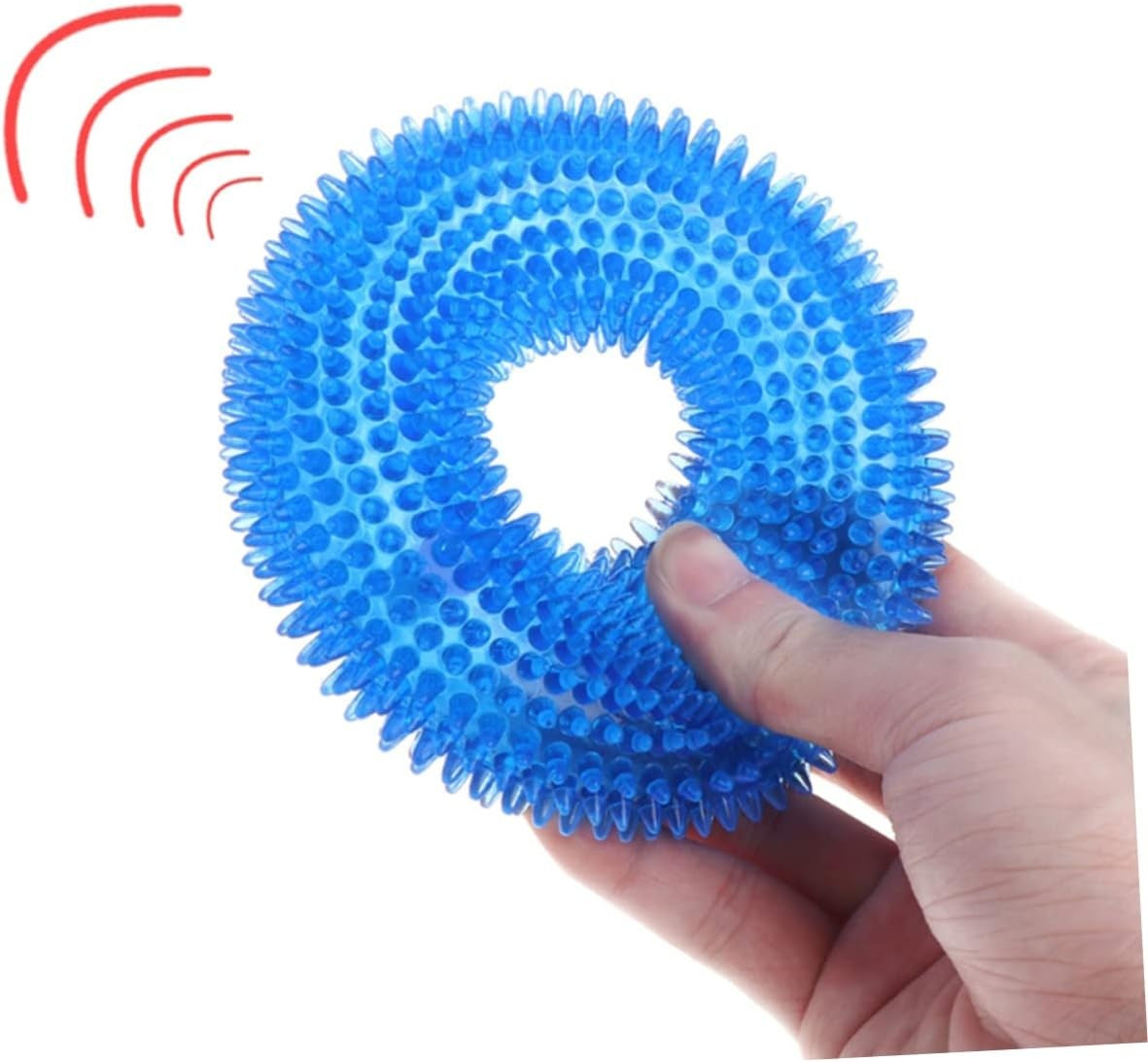 Brighty DentalRing blue squeaky dental chew ring held in hand - flexible TPR material size reference