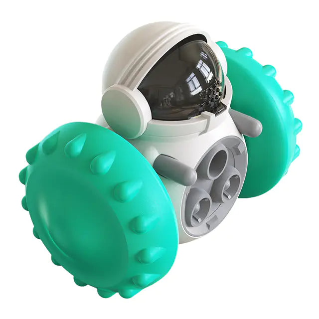 Brighty Rover robot-shaped treat dispenser with textured wheels in turquoise
